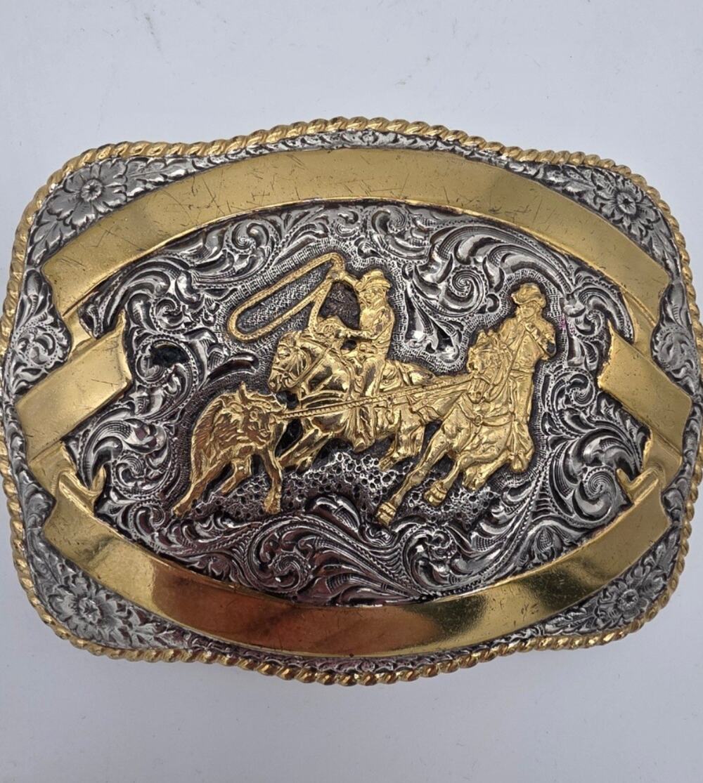 Crumrine Team Roping Rodeo Belt Buckle Two Tone Gold Silver Western 4”